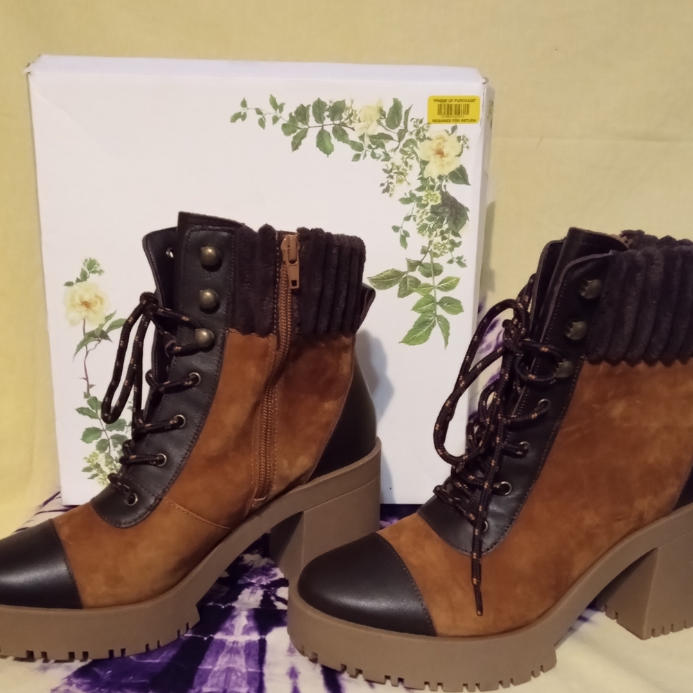 Chelsea & Violet Brown and Dark Chocolate Lace Up Boots with Chunky Heel